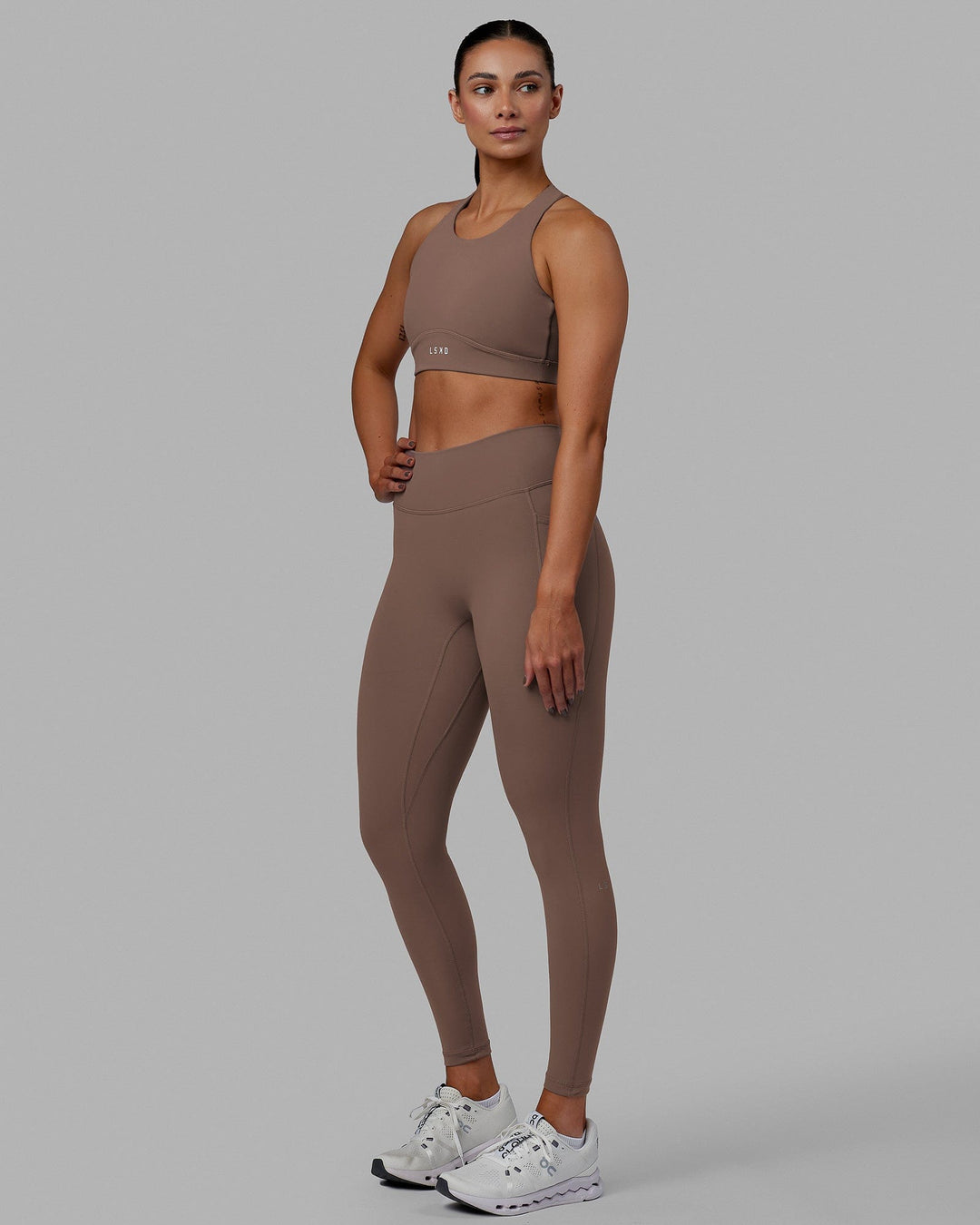Woman wearing Fusion Full Length Tight - Deep Taupe