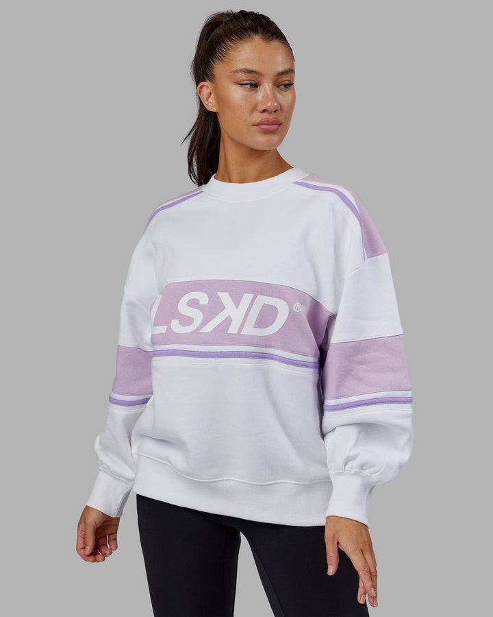 Woman wearing Unisex A-Team Sweater Oversize - White-Pale Lilac